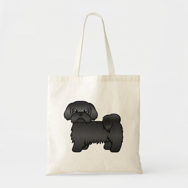 Schwarze Shih Tzu Niedlicher Cartoon Dog Illustrat Tragetasche (Vorne)