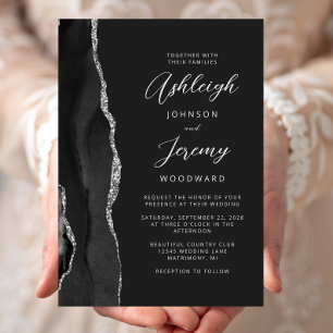 Schwarze Silber-Achat-Moderne-Schrift-Hochzeit Einladung