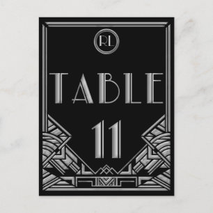 Schwarze Silber Art Deco Gatsby Stil Tisch Nummer Postkarte