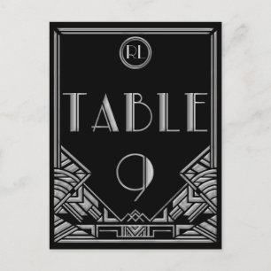 Schwarze Silber Art Deco Gatsby Stil Tisch Nummer Postkarte