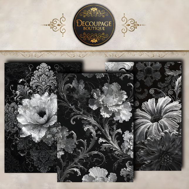 Schwarze Silber Barock Blumen Dekupage Sammlung Geschenkpapier Set (Black Silver Baroque Florals Decoupage Collection Wrapping Paper Sheets)