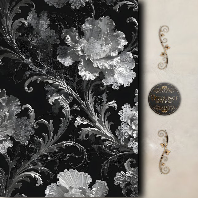 Schwarze Silber-Botanik-Dekoupage Seidenpapier (Black Silver Botanical Decoupage Tissue Paper)