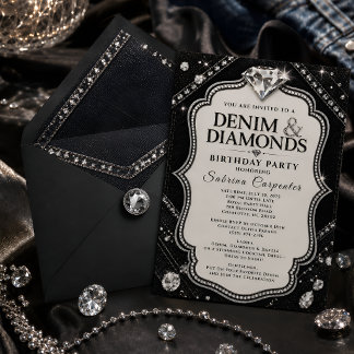 Schwarze Silber-Denim- und Diamant-Glam-Geburtstag Einladung