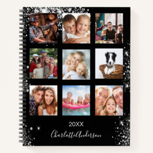 Schwarze Silber-Fotocollage-Monogramm Glitter Notizbuch