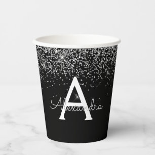 Schwarze Silber Glitter Funkeln Monogramm Papierta Pappbecher