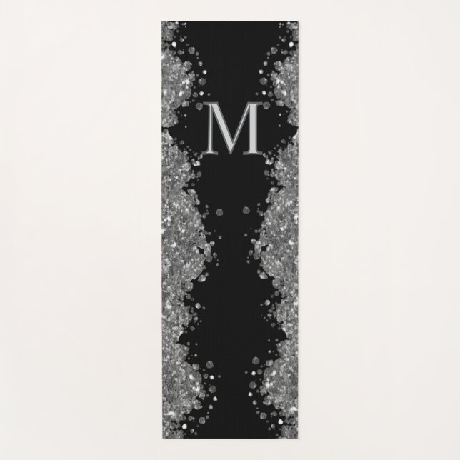 Schwarze Silber-Glitter-Graue moderne Monogramm Yogamatte (Vorderseite)