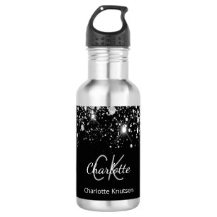 Schwarze Silber-Glitter-Monogramm-Initialen Name Edelstahlflasche