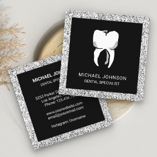 Schwarze Silber Glitter Zahn Dental Klinik Zahnarz Quadratische Visitenkarte