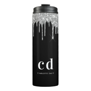 Schwarze Silber-Glittertropfen Monogramm Glanz Thermosbecher