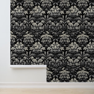 Schwarze Silber-Gotische-Barock-Blumen-Peel-and-St Tapete