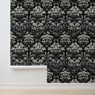 Schwarze Silber-Gotische-Barock-Blumen-Peel-and-St Tapete