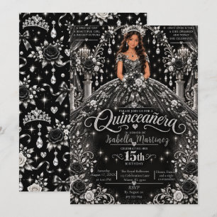 Schwarze Silber-Quinceañera-Feier Einladung