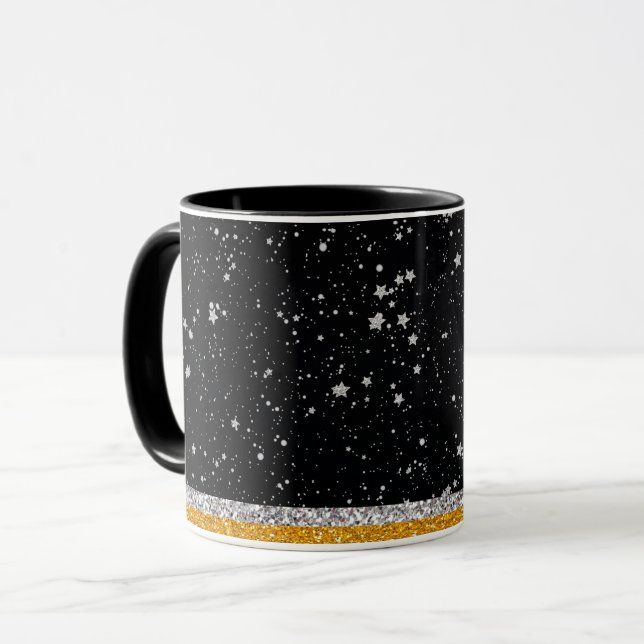 Schwarze Silber-Sterne Tasse (Vorderseite Links)