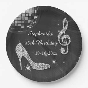 Schwarze/silberne Disco-Kugel und High Heels 80. G Pappteller