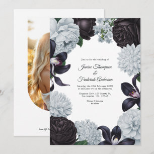 Schwarze & silberne Foto-/QR-Code-Blumenhochzeit Einladung