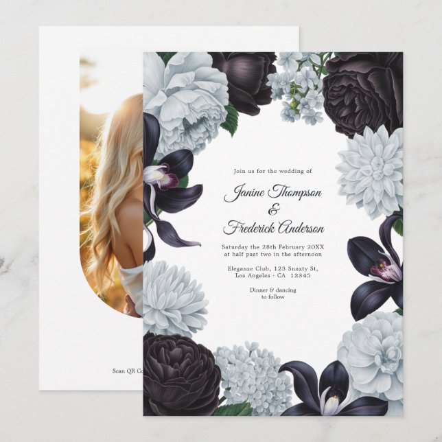 Schwarze & silberne Foto-/QR-Code-Blumenhochzeit Einladung (Vorne/Hinten)