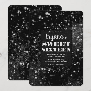 Schwarze silberne funkelnde Lichter Glam Sweet 16  Einladung