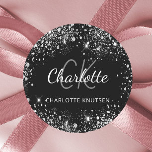 Schwarze silberne Glitter-Monogramm-Initialen Name Runder Aufkleber