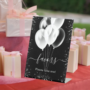 Schwarze silberne Glitterballons Geschenke Party Sockelschild