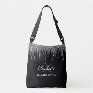 Schwarze silberne Glittertropfen-Monogramm-Initial Tragetaschen Mit Langen Trägern