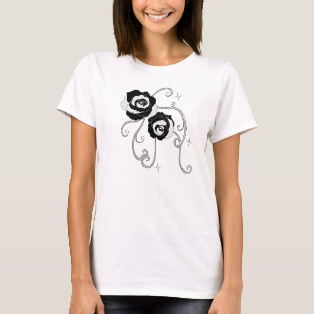 Schwarze silberne Rosen T-Shirt (Vorderseite)