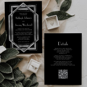 Schwarze silberne Vintage-Hochzeit im Stil der 192 Einladung