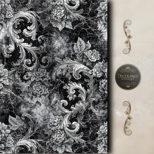 Schwarze Silberrolle Floral Decoupage Seidenpapier (Black Silver Scroll Floral Decoupage Tissue Paper)