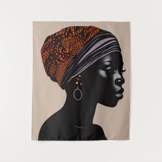 Schwarze Silhouette Afrikanische Amerikanerin Kopf Wandteppich (Vorderseite)