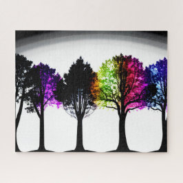 Schwarze Silhouette Bäume mit farbenfrohen Foliage Puzzle