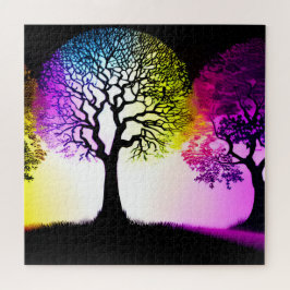 Schwarze Silhouette Bäume mit kräftigen Farben Puzzle