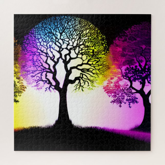 Schwarze Silhouette Bäume mit kräftigen Farben Puzzle (Horizontal)