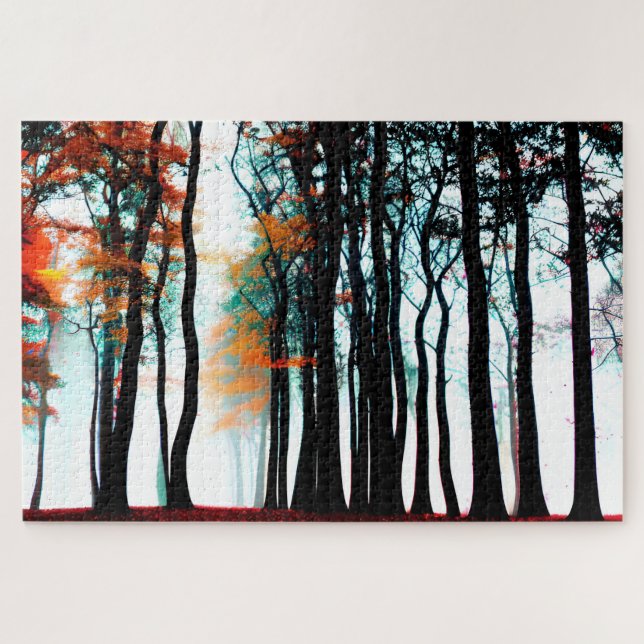 Schwarze Silhouette Bäume mit wechselnden Blätter Puzzle (Horizontal)
