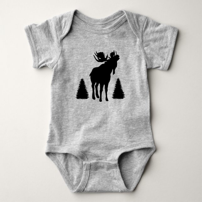 Schwarze Silhouette Bull Moose Pine Trees Baby Strampler (Vorderseite)