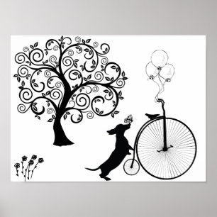 Schwarze Silhouette Dachshund Fahrrad Kunst Poster