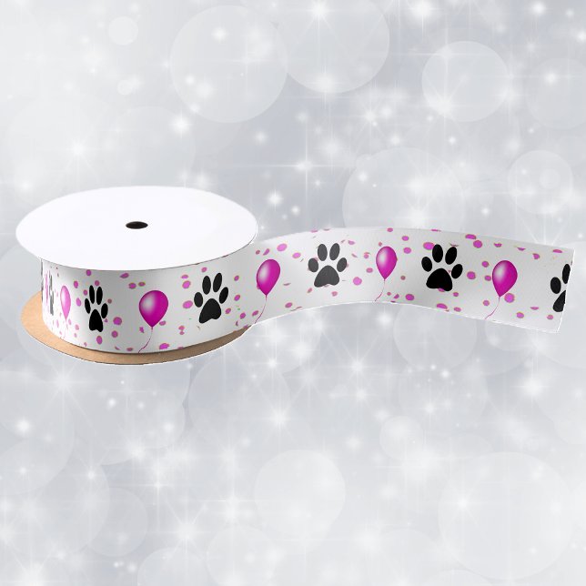 Schwarze Silhouette Katzenpaw druckt rosa Balloons Satinband (black cat paw prints, bright pink balloons  and polka dots on gift wrap or decorative ribbon.)