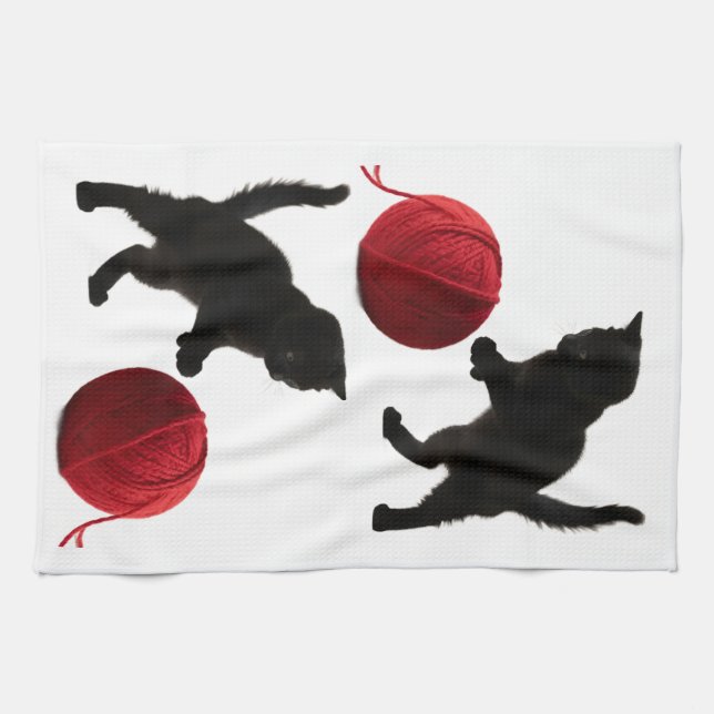 Schwarze Silhouette Kitty mit rotem Wollball Geschirrtuch (Horizontal)