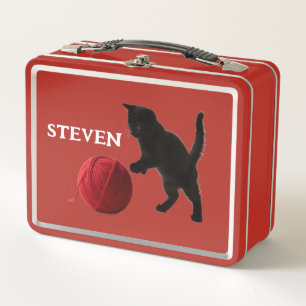 Schwarze Silhouette Kitty mit rotem Wollball Metall Brotdose
