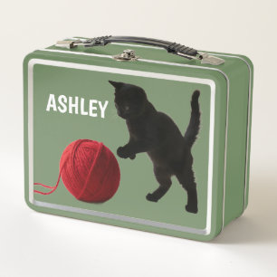 Schwarze Silhouette Kitty mit rotem Wollball Mitta Metall Brotdose