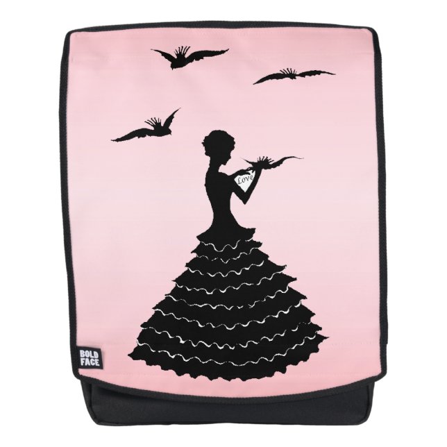 Schwarze Silhouette Lady Lesen Liebe Buchstaben Do Rucksack (Vorderseite)