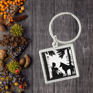 Schwarze Silhouette Rotkäppchen Wolf Wälder Schlüsselanhänger