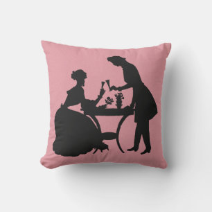 Schwarze Silhouette Vintage Paar beim Weintrinken Kissen