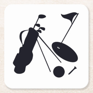 Schwarze Silhouette von Golfartikeln auf Weiß Rechteckiger Pappuntersetzer
