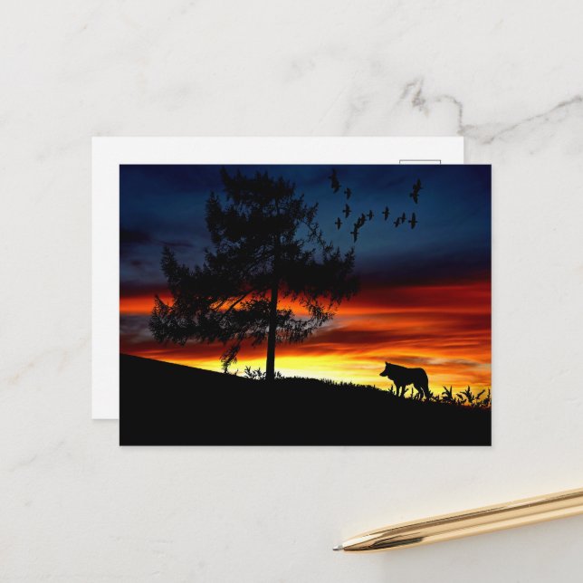 Schwarze Silhouette von Wolf, Vögeln und Baum im S Postkarte (Vorderseite/Rückseite Beispiel)