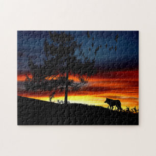Schwarze Silhouette von Wolf, Vögeln und Baum im S Puzzle