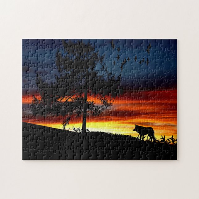 Schwarze Silhouette von Wolf, Vögeln und Baum im S Puzzle (Horizontal)