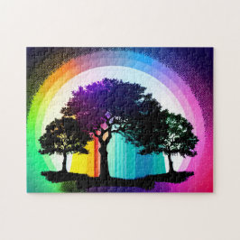 Schwarze Silhouetten und Regenbogenuntergrund Puzzle