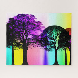 Schwarze Silhouetten und Regenbogenuntergrund Puzzle