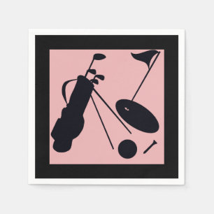 Schwarze Silhouetten von Golfartikeln auf rosa Unt Serviette