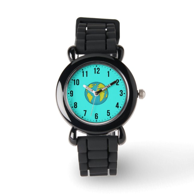 Schwarze Silikon-Farbe mit Erde-Mark-Design Armbanduhr (Vorderseite)