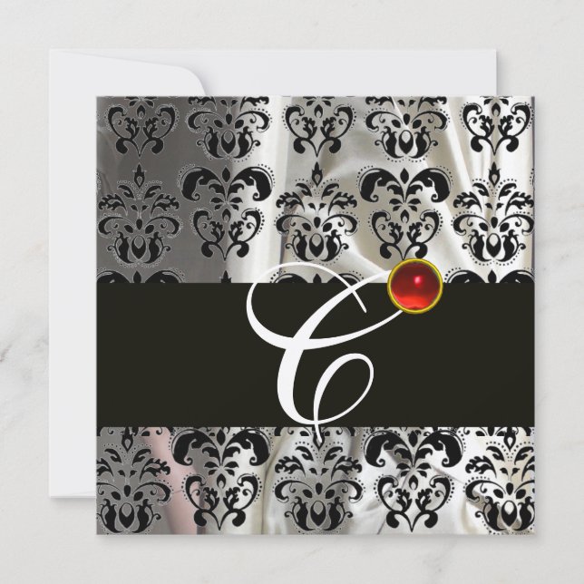 SCHWARZE SILVER SILK DAMASK KLOTH MONOGRAMM RED RU EINLADUNG (Vorderseite)